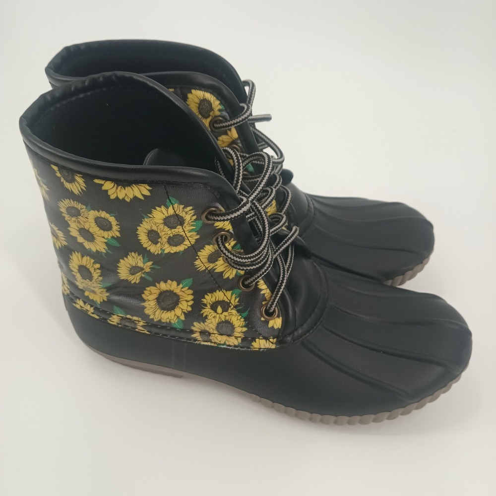 Simply Southern Black Sunflower Duck Boots Womens Size 7 Lace Up Rain Boots